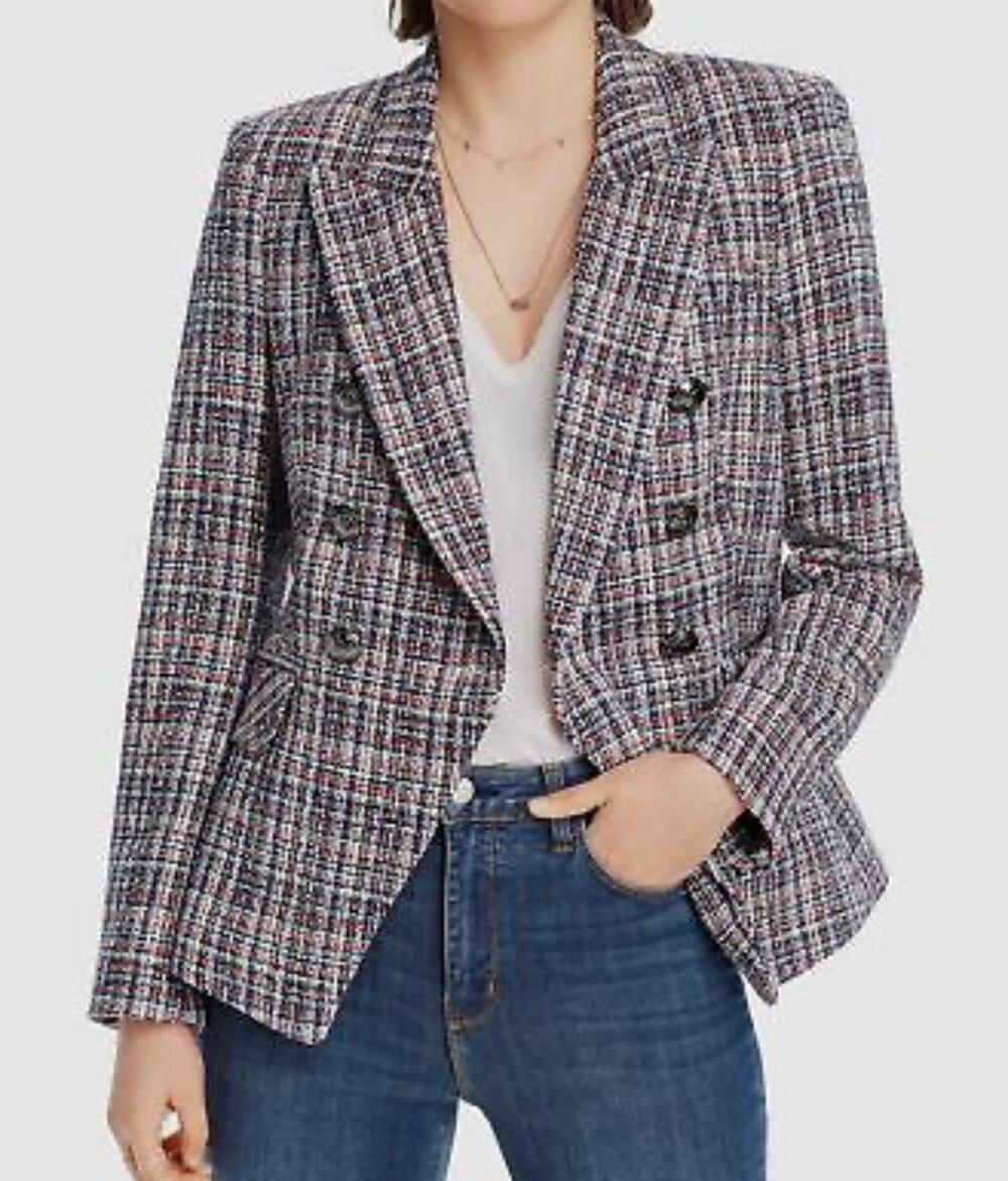LINI Women's Blue Red McKenzie Tweed Double-Breasted Jacket Blazer Size 4